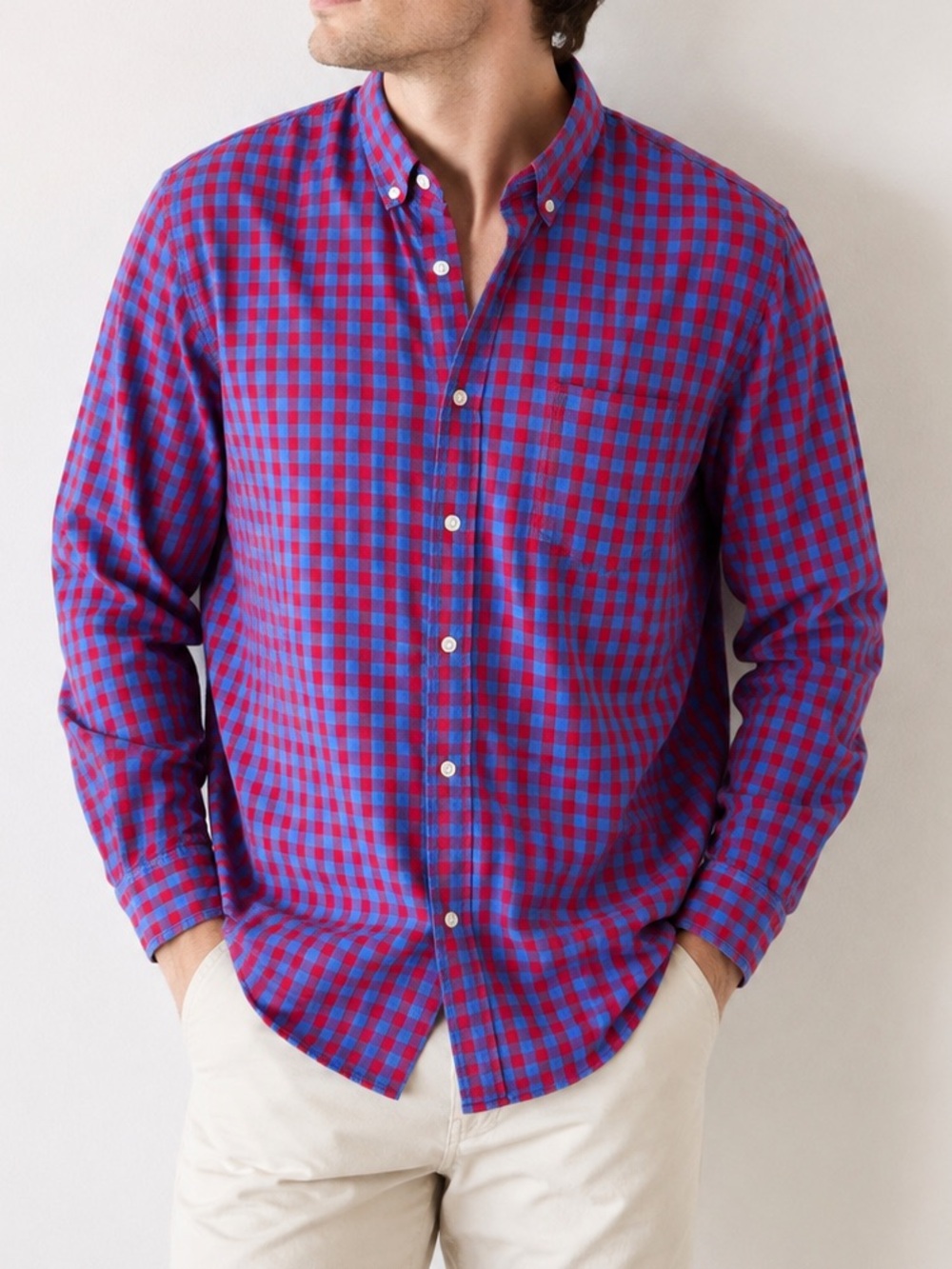 J.Crew Tailored Gingham Check Button Down Shirt Red Blue 100% Cotton Size L